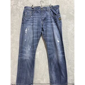 G-Star Raw Jeans Men's 38x32 Distressed Medium Wash Button Fly Staight Leg Denim